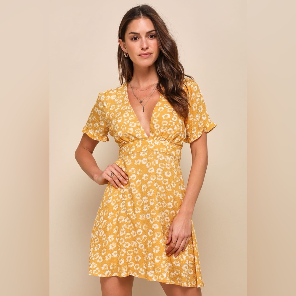 Lulus - Garden Explorer Mustard Yellow Floral Mini Dress